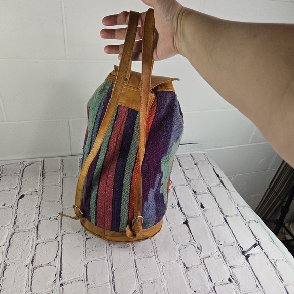 Vtg Handwoven Kilim rug southwestern leather duffle tote bag backpack main image 11